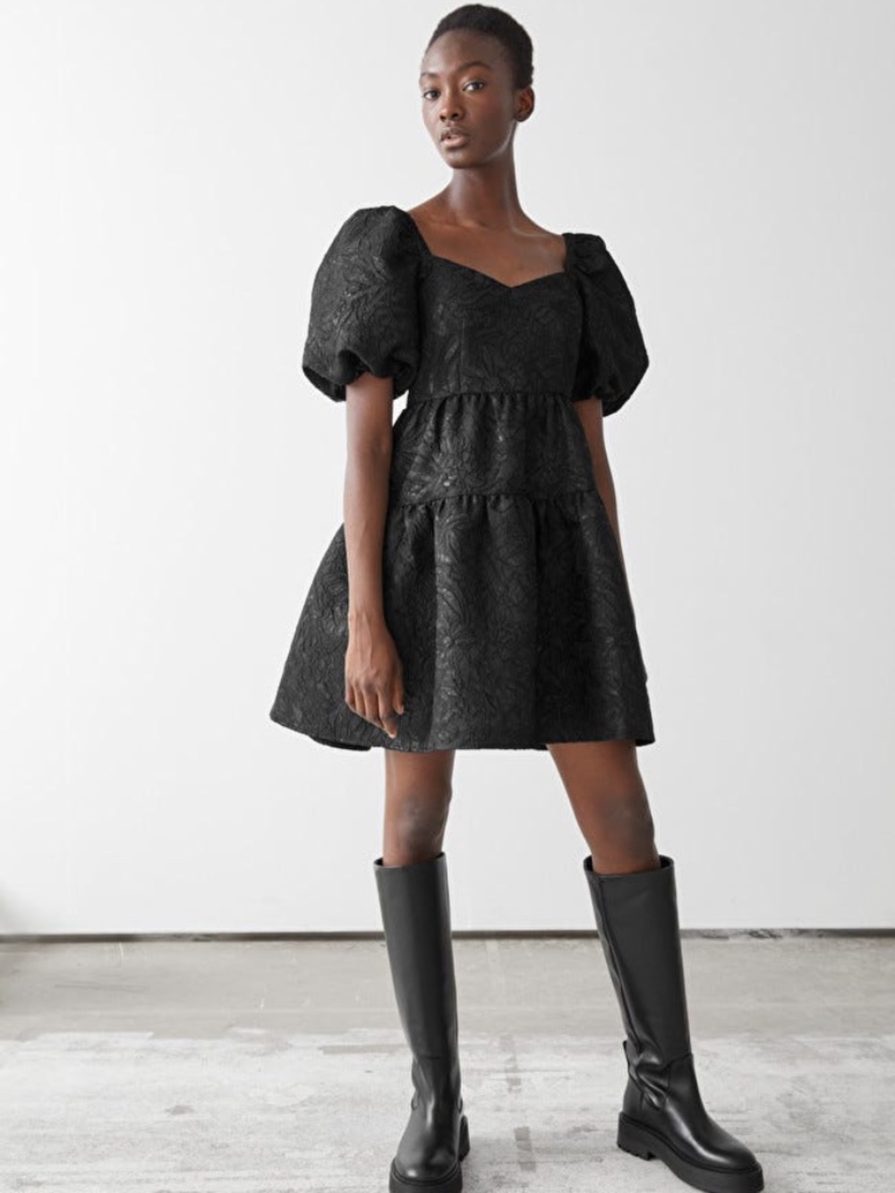 & Other Stories Wide Puff Sleeve Jacquard Mini Dress